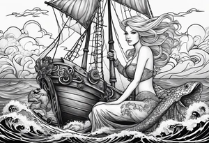 Beautiful blond mermaid with merman son riding a giant octopus with her dog in the ocean with a pirate ship in the distance tattoo idea