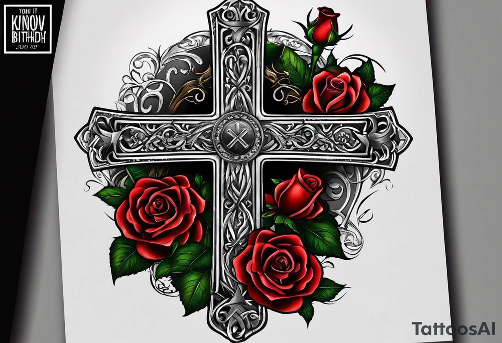 Cross that in the middle of it says “know your worth as well” and under it I would like my dads birthday the 30th of August 1966 and under that a rose and i would like it on my forearm and it must not be too big tattoo idea