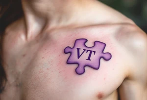 A puzzle piece in pastel purple with the daughter’s initials VT inside, symbolizing how she completes your heart. tattoo idea