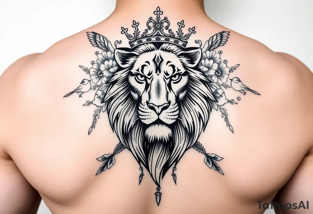 powerful majestic lion with a crown, surrounded by floral ornaments and birds tattoo idea