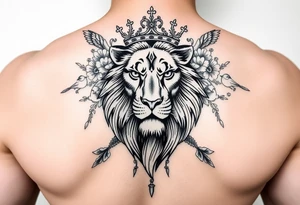 powerful majestic lion with a crown, surrounded by floral ornaments and birds tattoo idea