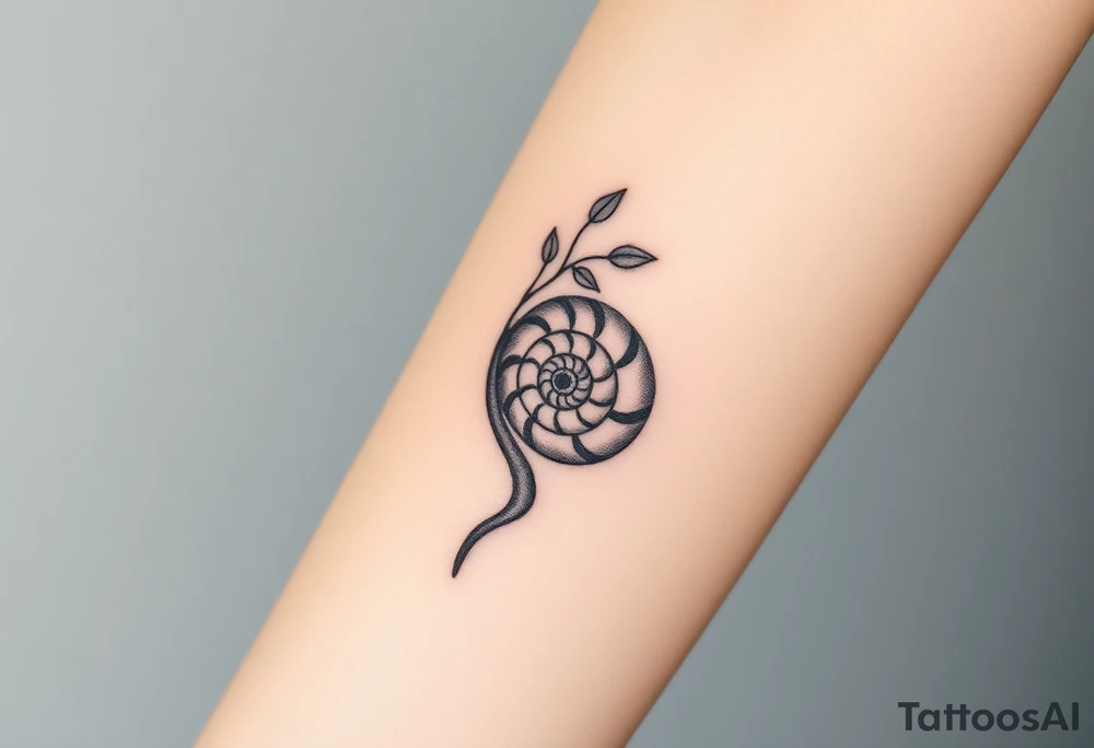 Fibonacci spiral shell inside of tree with leaves tattoo idea