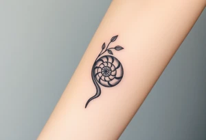 Fibonacci spiral shell inside of tree with leaves tattoo idea