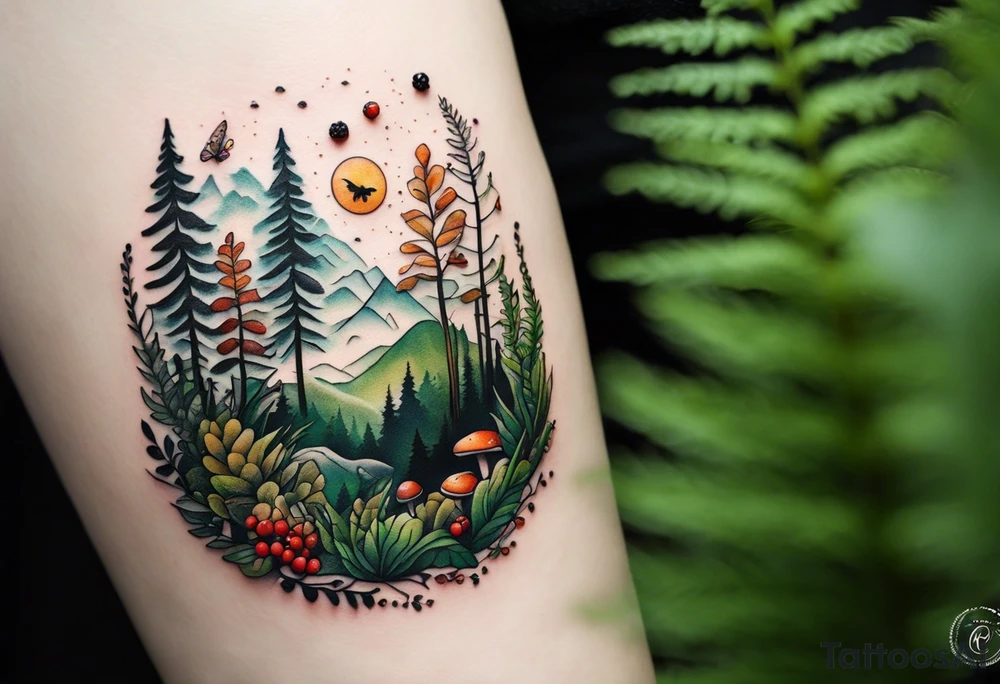 minimalistic forest floor inspired tattoo, which includes grass, moss, curly ferns and dead leaves as the bulk of the tattoo. details to include: forest berries, couple of very small brown mushrooms, a tiny bumblebee flying nearby tattoo idea