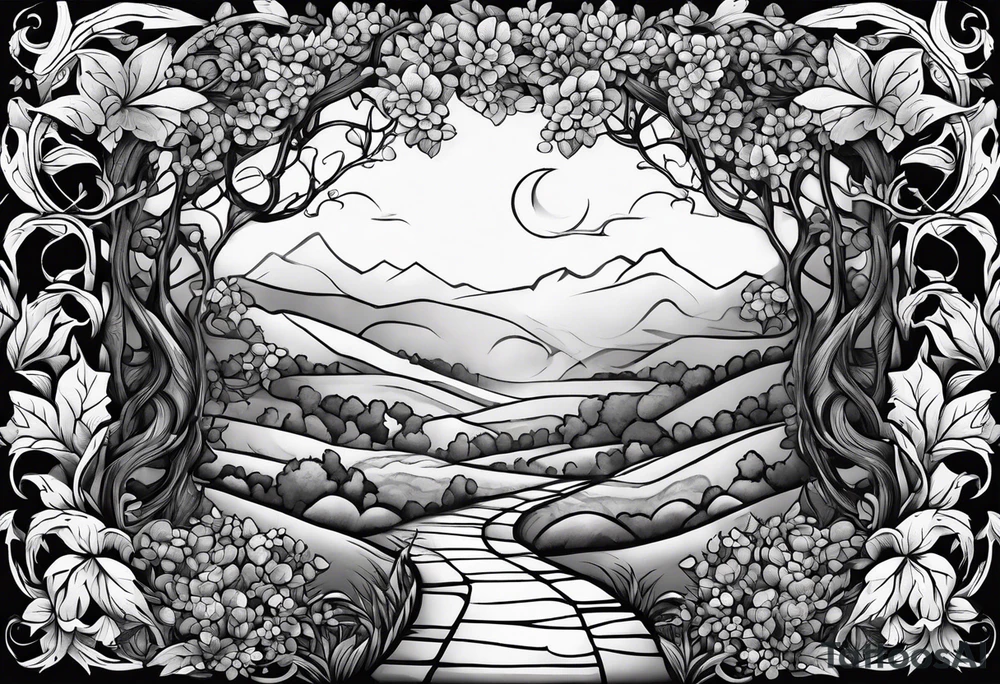 stone road over leafy vines tattoo idea