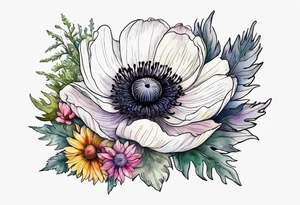 a white anemone with black center in the middle of equal sized mixed colorful wildflowers all with different shapes including thistles, ferns, ranuculus, and sun flowers all in watercolor tattoo idea