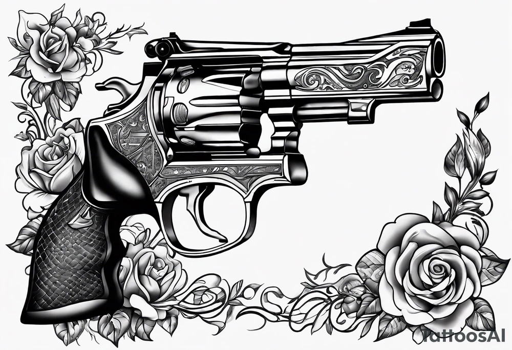 A gun with the word 'Revolverhelden' embedded into it tattoo idea