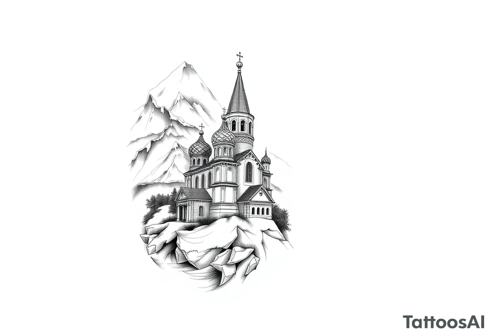 russian orthodox christian left arm tattoo with st basils cathederal in a mountainous setting tattoo idea