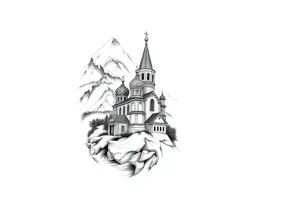 russian orthodox christian left arm tattoo with st basils cathederal in a mountainous setting tattoo idea