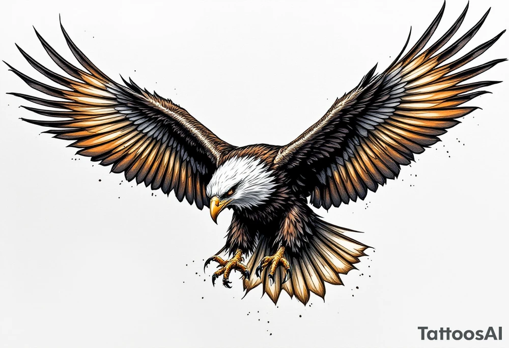 A soaring eagle with its talons extended, wings casting lifelike shadows in rich brown and golden hues. tattoo idea