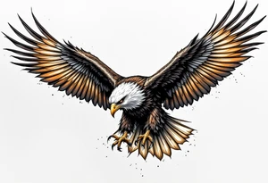 A soaring eagle with its talons extended, wings casting lifelike shadows in rich brown and golden hues. tattoo idea