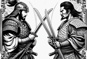 Samurai warrior and Roman spartan warrior facing off, include lotus flowers in the background, both warriors should appear aggressive looking ready for battle,  turn this into a forearm sleeve tattoo idea