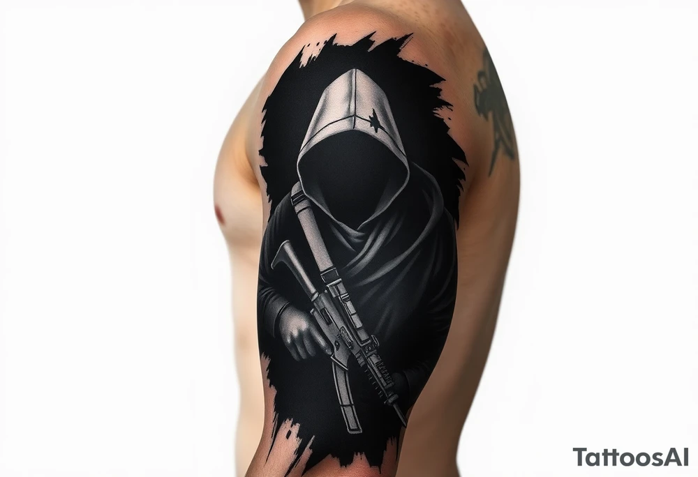 Minimalist covert operative symbolism representing loyalty and survival, faceless soldier silhouette emerging from darkness, torn fabric, subtle scars, controlled posture, black and grey realism, emotional restraint, understated strength, tattoo sleeve element. tattoo idea