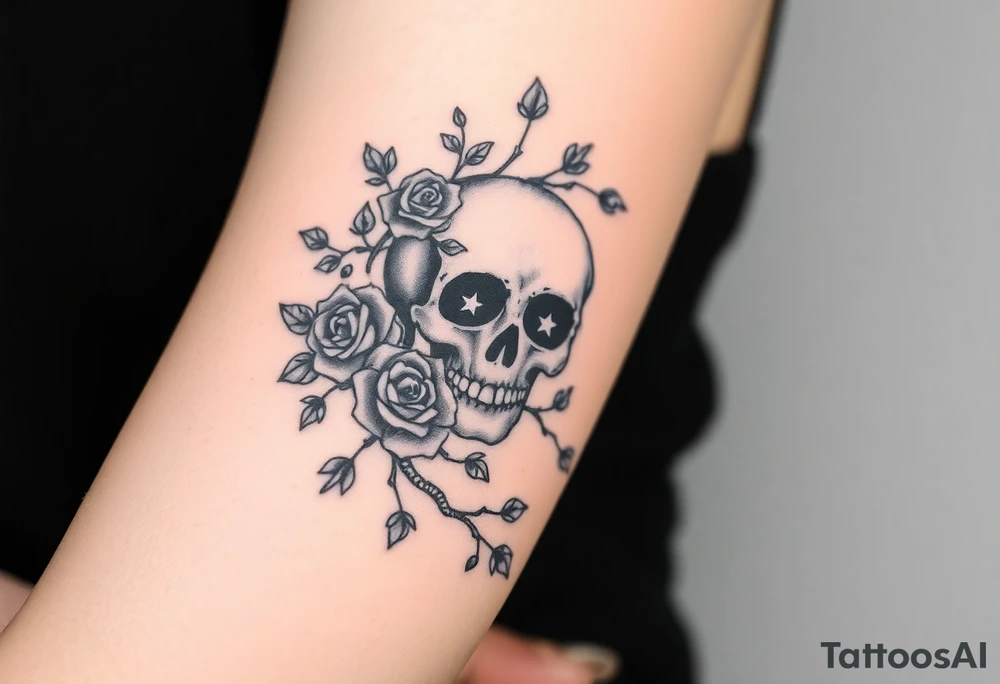 gothic skull intertwined with climbing roses and thorny vines tattoo idea
