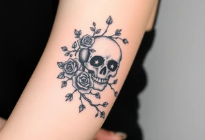 gothic skull intertwined with climbing roses and thorny vines tattoo idea