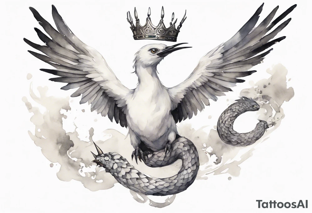 a white bird-serpent hybrid, wearing a pewter crown on its head, flying in the air tattoo idea