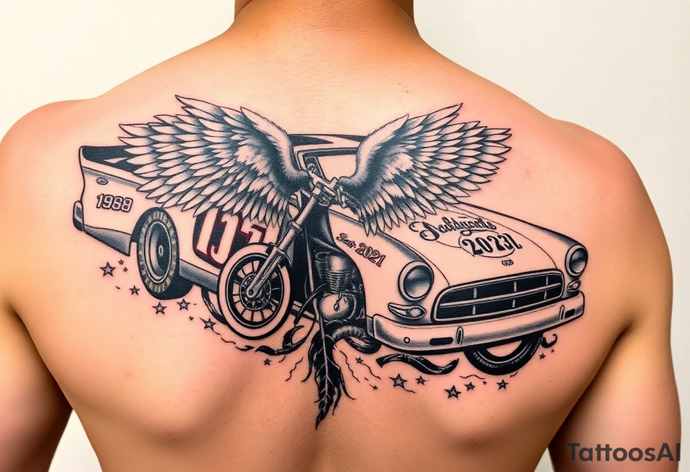 Dale Earnhardt car on it with the year 1958 - 2021 intertwined with a motorcycle on it with guardian angel wolves tattoo idea