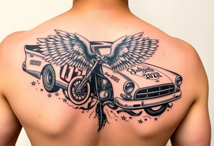 Dale Earnhardt car on it with the year 1958 - 2021 intertwined with a motorcycle on it with guardian angel wolves tattoo idea