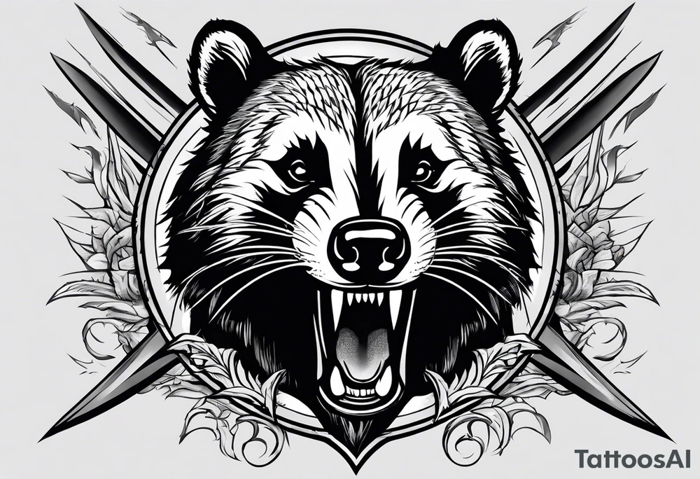 Draw me hunting badger with aggressive full body, killer face with a smile, very long nails and he attacks like a bloody gladiator to enemy and also he has very deadly looking. The only weapon is his braveness he fights with his nails. Everybody scares after their first sight. And horror type Badger this is. tattoo idea
