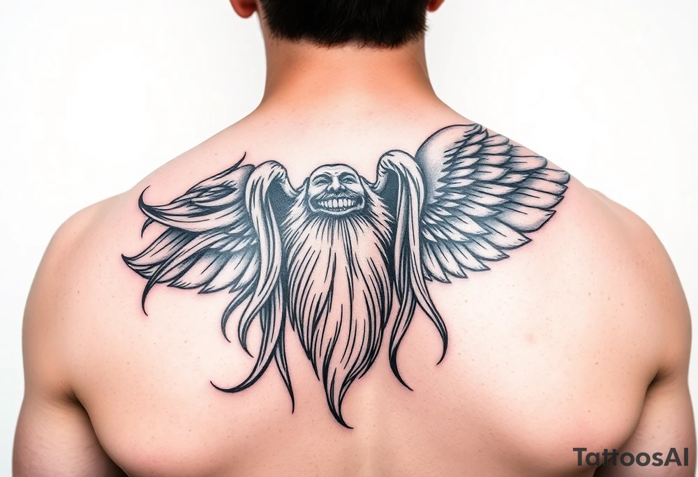 Male with long hair and beard flowing in the wing with smile on face tattoo idea