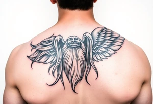 Male with long hair and beard flowing in the wing with smile on face tattoo idea