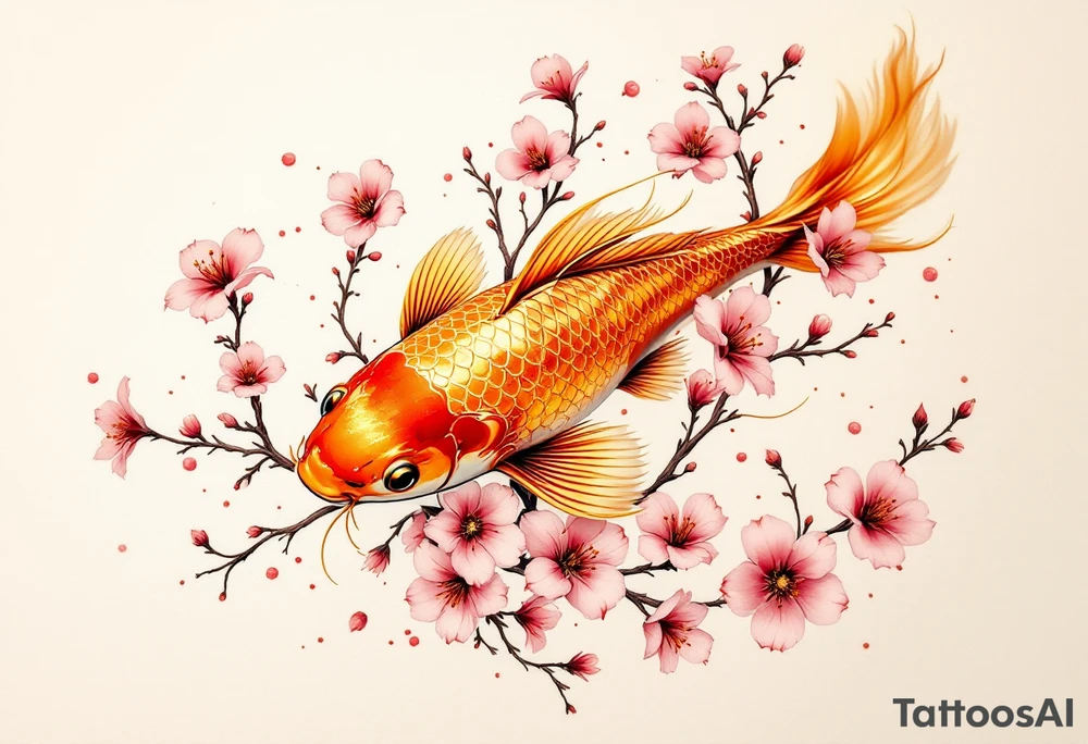 Golden Koi with Cherry Blossoms – A radiant gold koi fish gliding among soft pink cherry blossoms, representing good fortune and beauty in life. tattoo idea