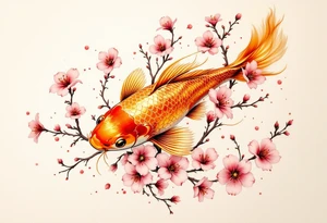 Golden Koi with Cherry Blossoms – A radiant gold koi fish gliding among soft pink cherry blossoms, representing good fortune and beauty in life. tattoo idea