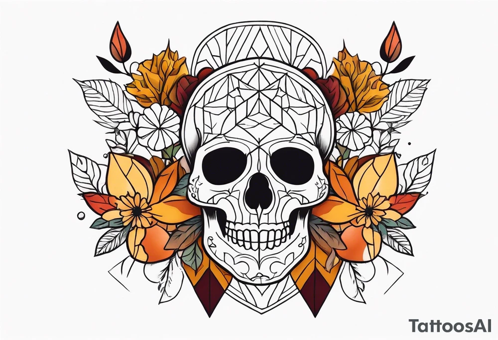 Knee tattoo with fall colors, flowers, skulls and geometric shapes. tattoo idea