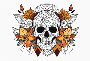Knee tattoo with fall colors, flowers, skulls and geometric shapes. tattoo idea