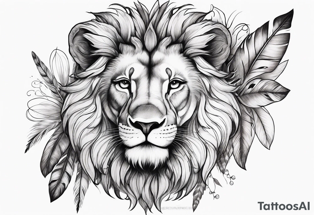 Feminine lion with feathers floral sleeve tattoo idea