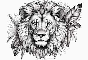 Feminine lion with feathers floral sleeve tattoo idea