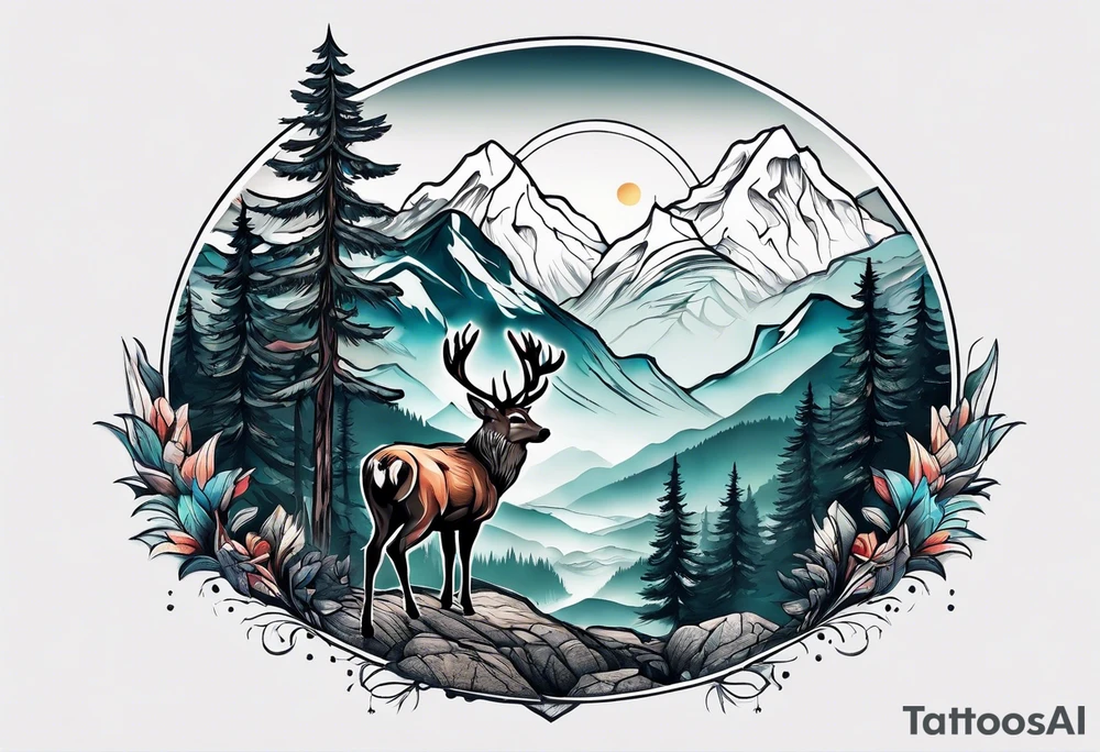 mountain with small deer tattoo idea