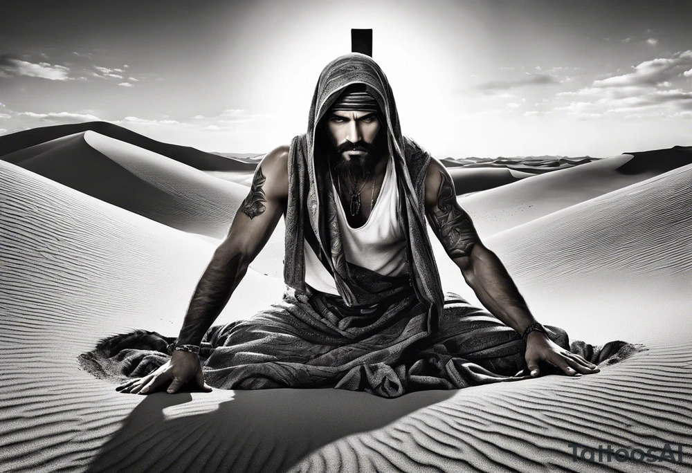 man crawling in a desert toward the cross of Christ tattoo idea