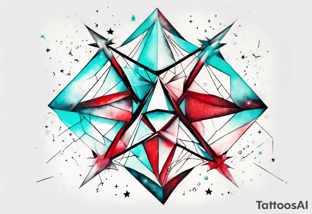 Geometric ether space single image, abstract art, red and cyan, colect some stars to shine, pigment acquarel color, damage done tattoo idea