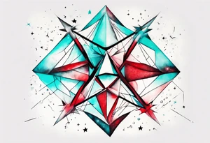 Geometric ether space single image, abstract art, red and cyan, colect some stars to shine, pigment acquarel color, damage done tattoo idea