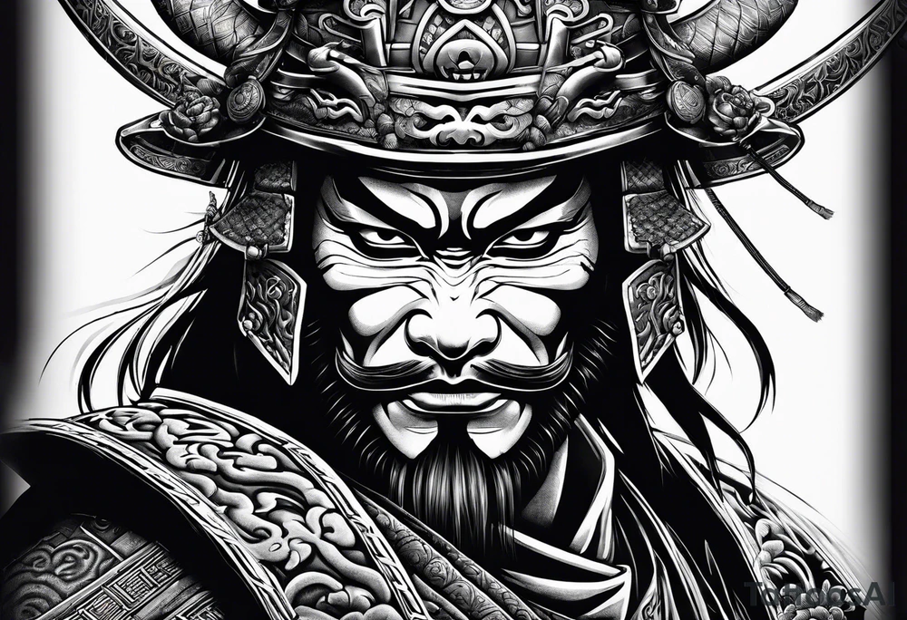 Samurai with an oni mask covering his face tattoo idea