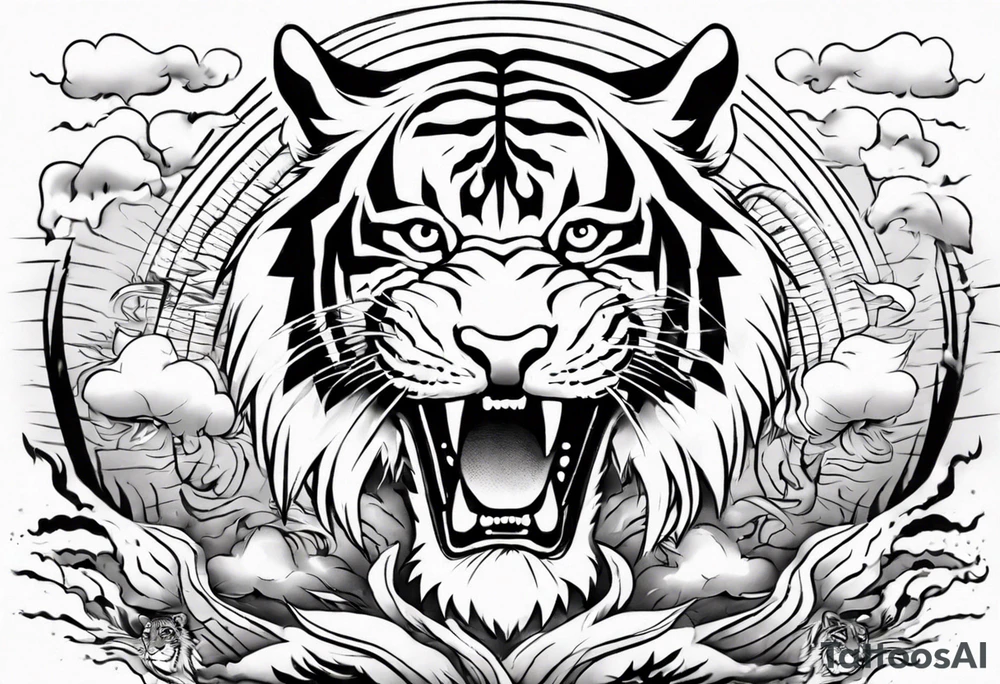Tiger design with lightning and the sun for a forearm sleeve tattoo idea
