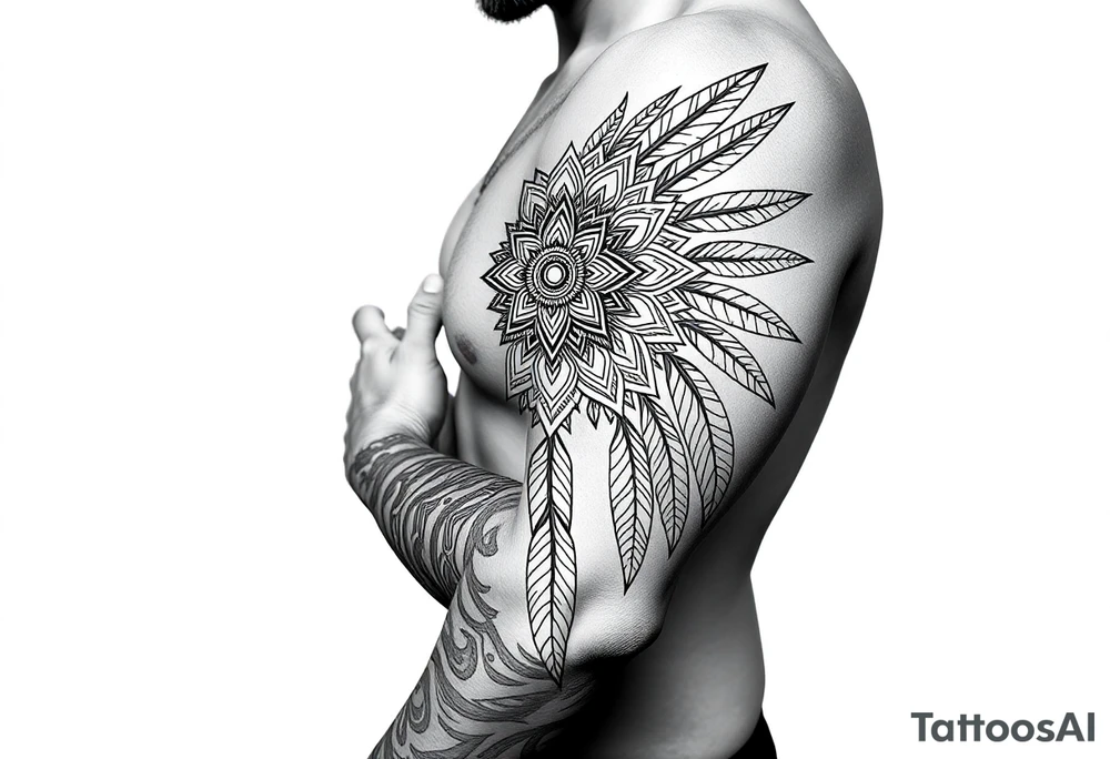 spiritual feathers ornamental mandala shaman tattoo idea