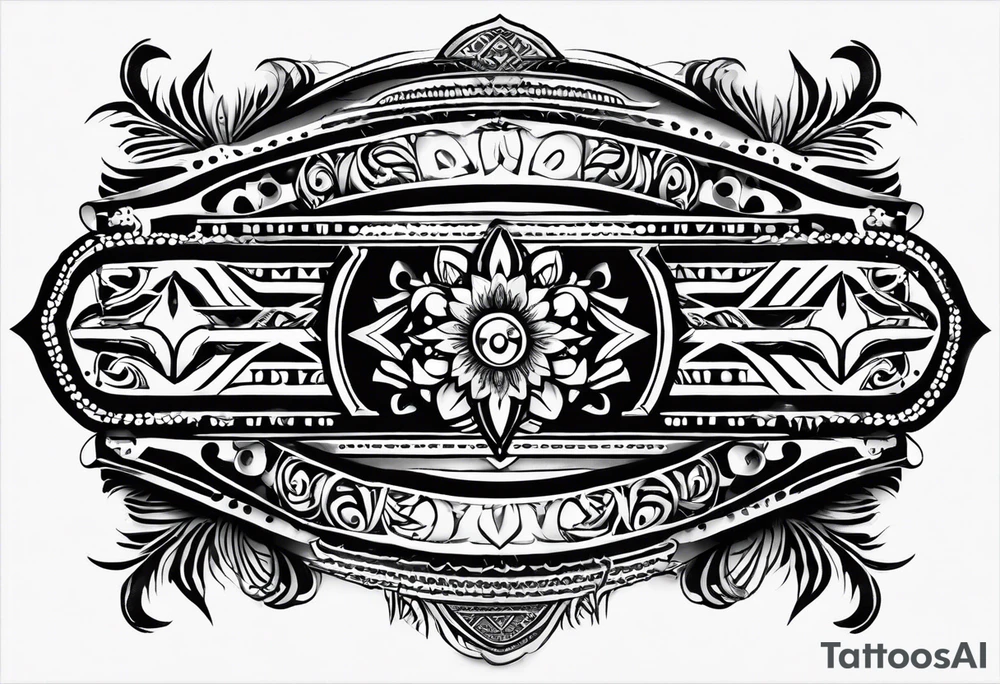 tramp stamp with the words “tramp stamp” with neotribal line art on either side tattoo idea