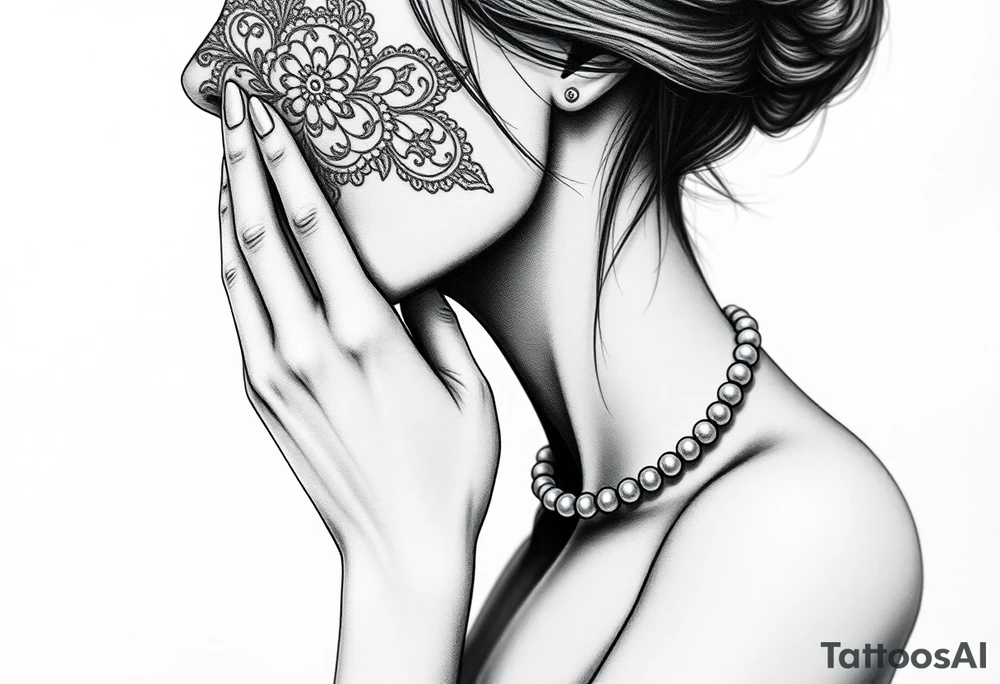 Black and white profile of woman with chin pressed on hand, lace covering  her eyes while biting on pearl necklace tattoo idea