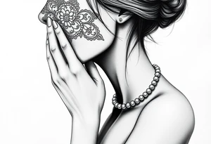 Black and white profile of woman with chin pressed on hand, lace covering  her eyes while biting on pearl necklace tattoo idea