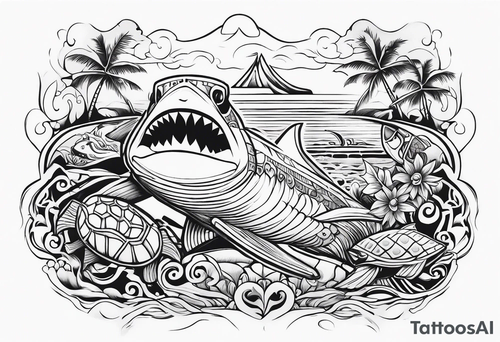 a Polynesian tiki surrounded by a shark, a turtle in an underwater ocean setting tattoo idea