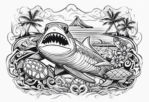 a Polynesian tiki surrounded by a shark, a turtle in an underwater ocean setting tattoo idea