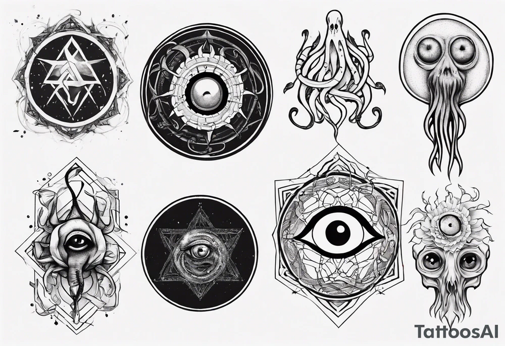 lovecraft long tattoo to put on the forearm, with eye and tentacle tattoo idea