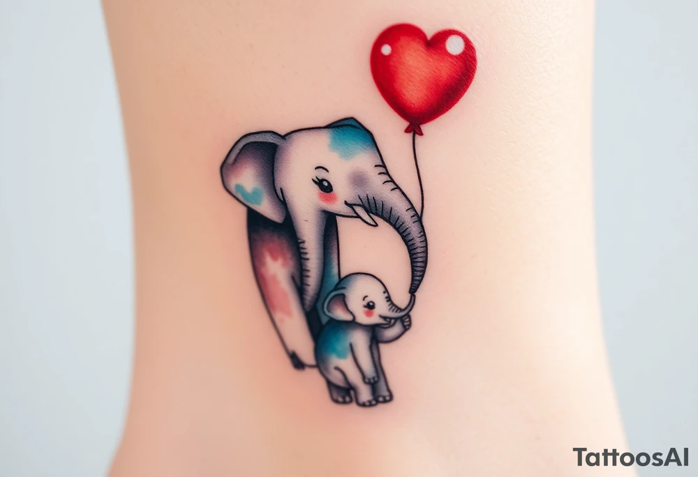 Mother elephant and a baby elephant holding a red balloon with its trunk, symbolizing childhood joy and innocence tattoo idea