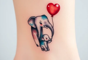 Mother elephant and a baby elephant holding a red balloon with its trunk, symbolizing childhood joy and innocence tattoo idea