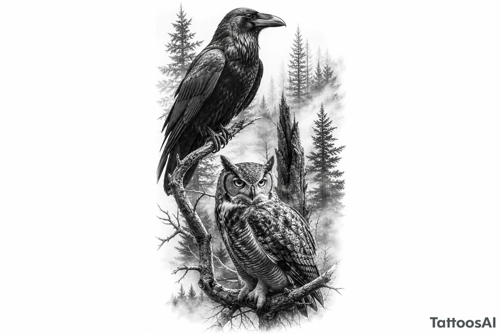 Detailed raven and owl in a dense, foggy forest, photorealistic style. tattoo idea