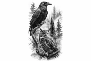 Detailed raven and owl in a dense, foggy forest, photorealistic style. tattoo idea