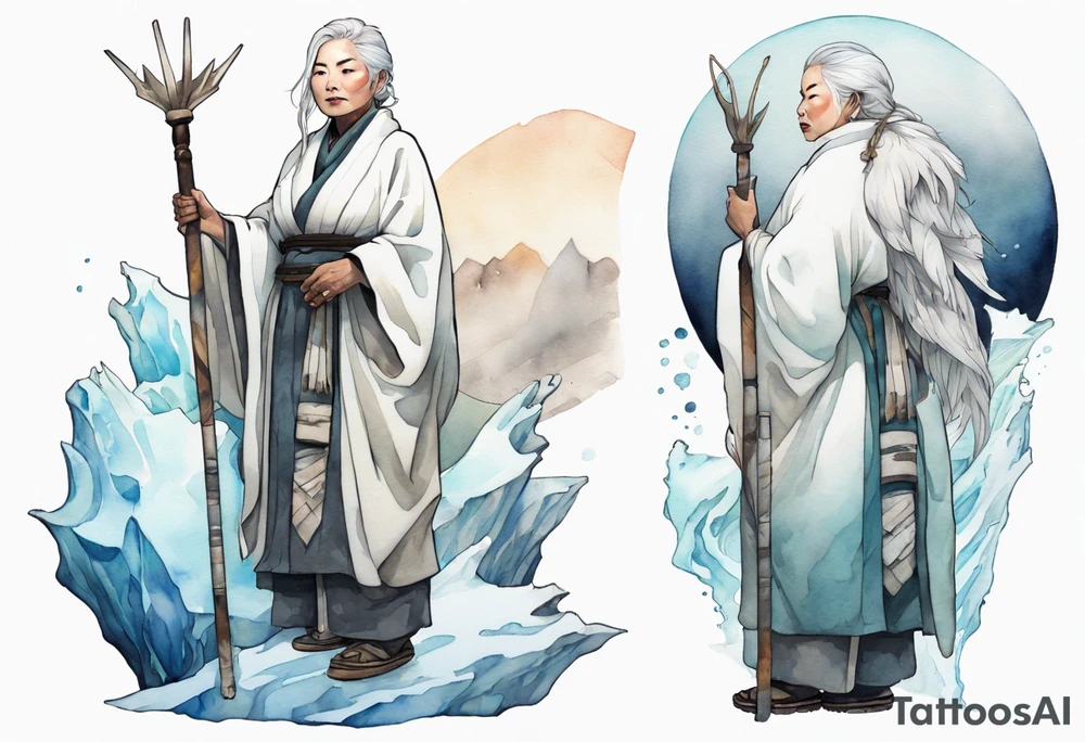 a 40 year old Inuit woman with white hair and a white robe holding a white staff, standing on an iceberg tattoo idea