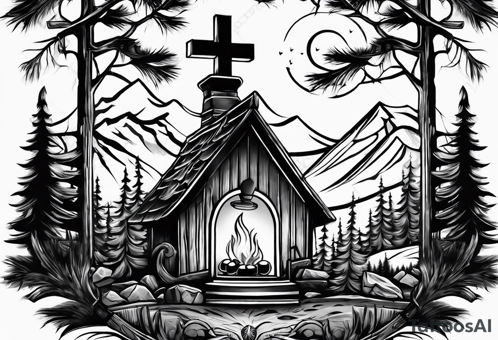 christian 
cross, campfire, golf , whiskey glass, cabin tattoo idea